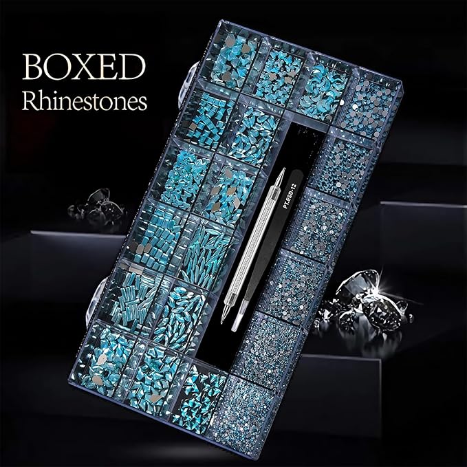14 Types of 700 Lake Blue Diamonds + 2100 Flat Rhinestones Mix 20 Styles Flatback DIY Crafts Rhinestone Crystals 3D Ornament‌s Flat Back Stones Set + Tweezers + Drill Pen