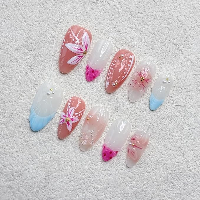 10 Pcs French Fake Nails Almond Medium Handmade Press on Nails with 3D Colorful Butterfly Flower Pearl Design Artificial Shell Shape Acrylic Full Cover Hand Made Press on Nail for Women（Size M）
