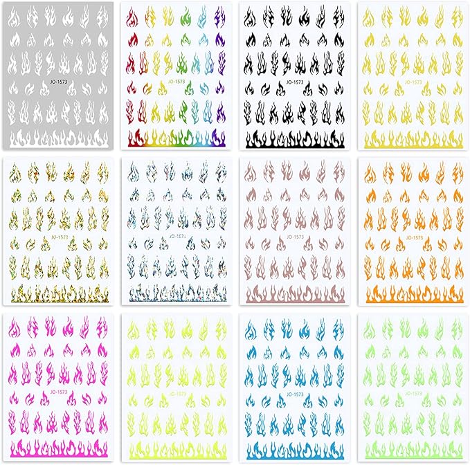 12 Colors Flame Nail Art Stickers, 3D Fire Self-Adhesive Sticker Design, Laser Gold Silver Red Black White Pink Yellow Green Flame Nail Transfer Decals Supplies for Women Manicure Decorations