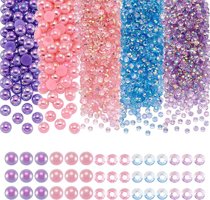 Flatback Resin Pearls Rhinestones Mermaid Nail Gems AB Color Faux Pearl Beads Rhinestone Cabochons Iridescent Nail Tooth Face Gems for Nail Art Jewels Makeup Decoration