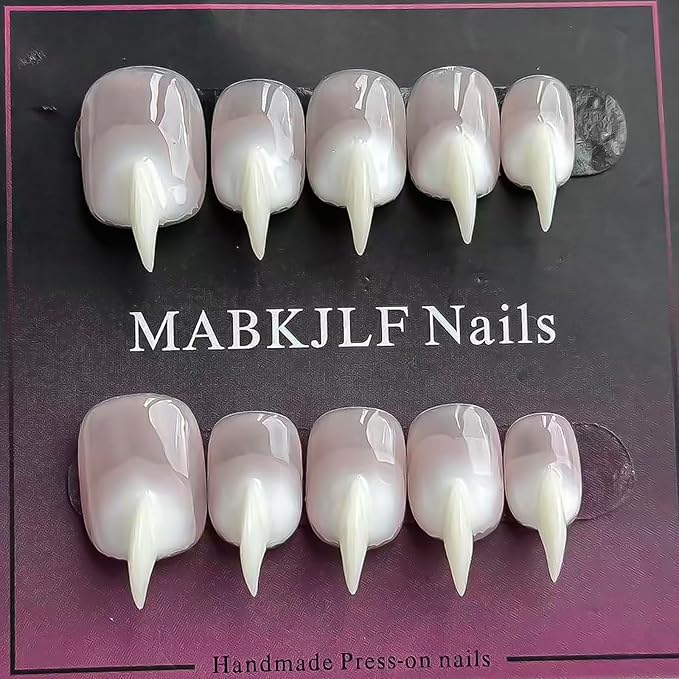 Halloween Press on Nails Luxury Short Stiletto Handmade Cat Claw Unique Reusable ABS Material White Fake Nails Eagle Claw False Nails Glossy Glue on Nail Curved Thick Acrylic Nail(M)