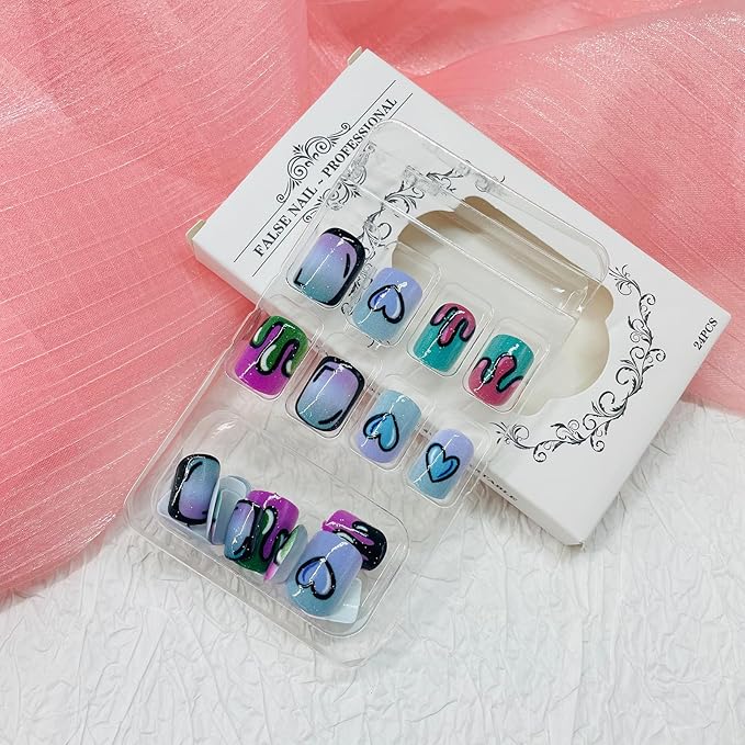 Square Press on Nails Short Fake Nails with Designs Colorful Heart Stick on Nail Black Lines Acrylic False Nail French Glossy Artificial Nail Full Cover Glue on Nails for Women