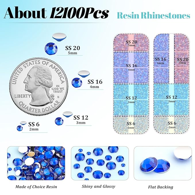 12100Pcs Resin Rhinestones for Crafting with 3Pcs 10ml B7000 Jewelry Glue, 2 Boxes Flatback Crystals Diomand (Royal Blue) for Bedazzling Crafts DIY Nail Art Makeup，Non Hotfix Gems for Clothing Shoes