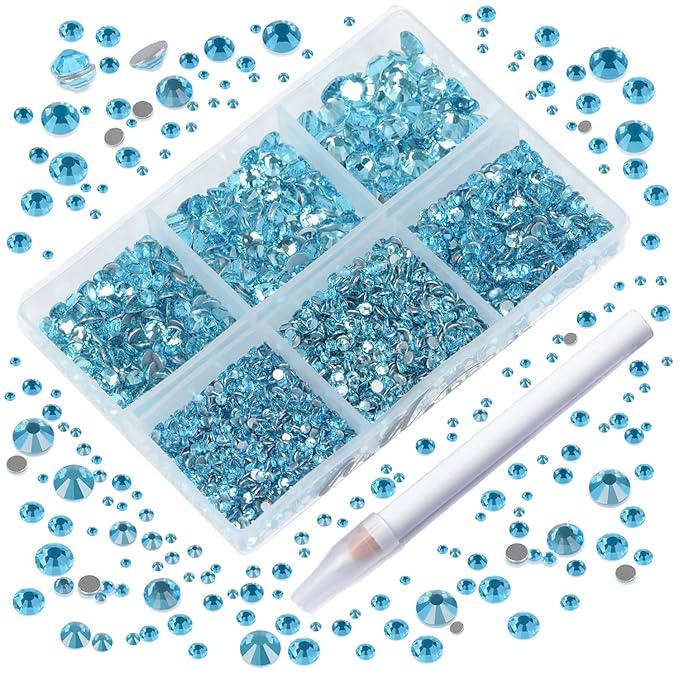AD Beads 4300 Pieces Flat Back Nail Art Rhinestones Round Beads 6 Sizes (2-6.5mm) with Storage Organizer Box,Rhinestones Picking Pen for Nail Art Phone Decorations Crafts DIY (Aquamarine)