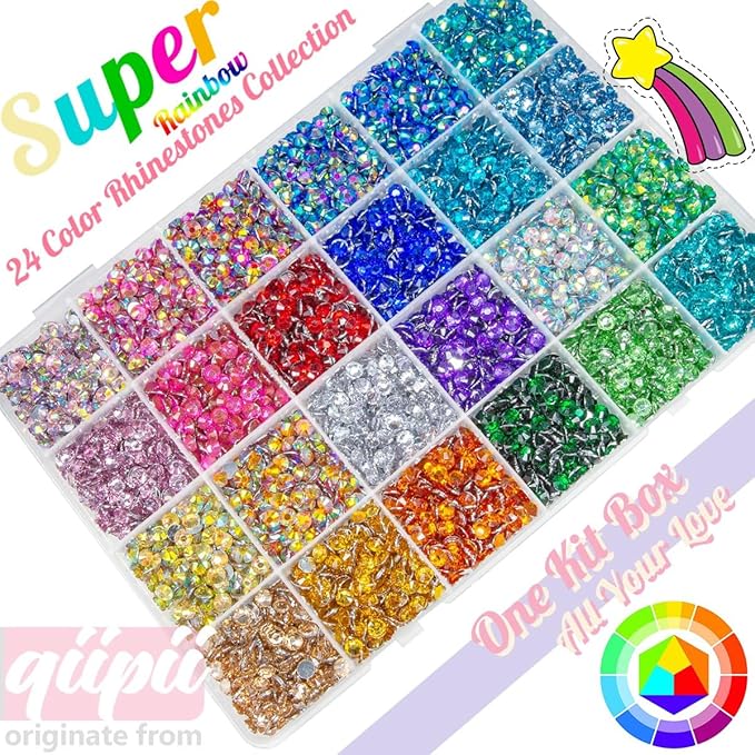 12600Pcs 24 Color 4mm Crystal AB Resin Rhinestones w B7000 Glue for Bedazzling Crafting Colorful Flatback Stones Crystals Gems Diamonds Charms for Nails Eyes Face Makeup Tumblers Bottles Crafts
