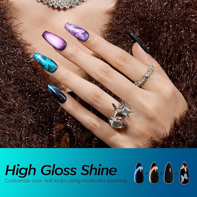 modelones Gel Nail Polish Set, 6 Colors Holographic Colorful Rainbow Glitter Cat Eye Gel Polish Black Purple Blue Green Yellow Coral Pink Nail Polish with Magne Soak Off LED Manicure DIY Gift