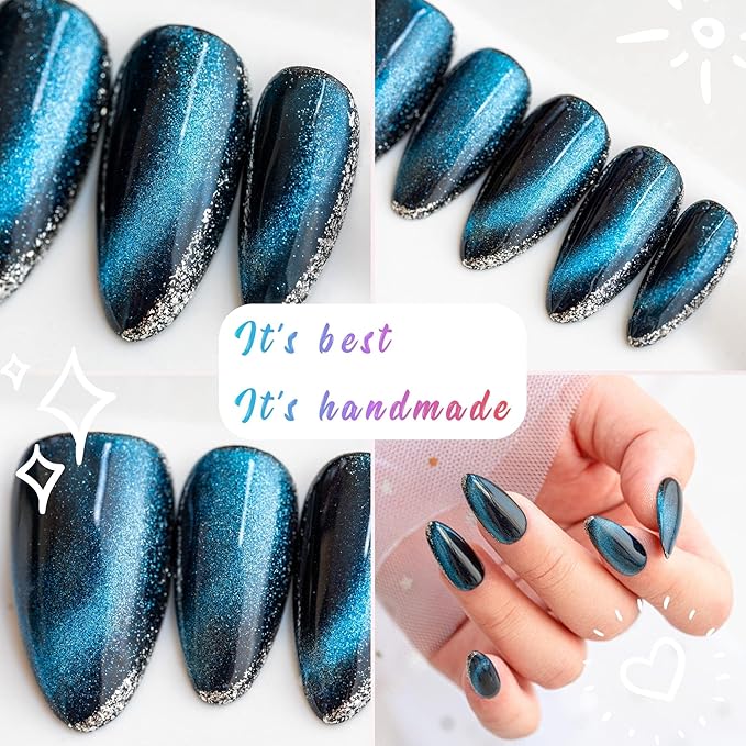 Sun&Beam Nails Handmade Press On Nail Medium Short Oval Blue Magnetic Cat Eye Fake Tip 3D Design Art Charms Cute with Storage Box 10 Pcs (#012 S)
