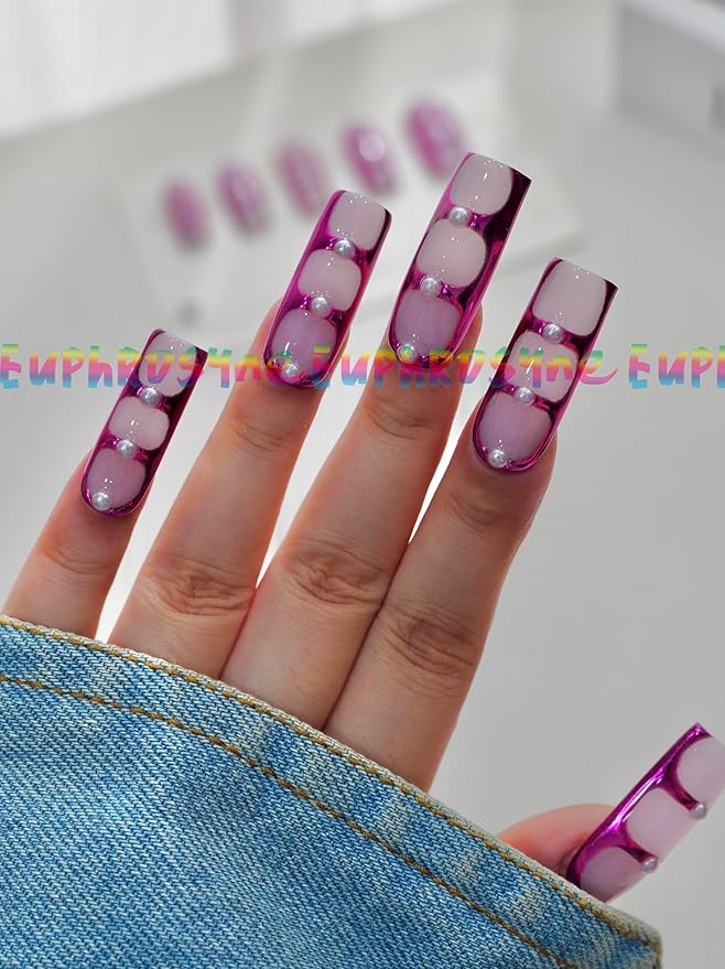 Euphrosyne 10pcs Futuristic Press On Nails – Clear Jelly Base with Purple Metallic Tips & Pearls | Medium Oval Handmade Fake Nails for Party or Daily Wear