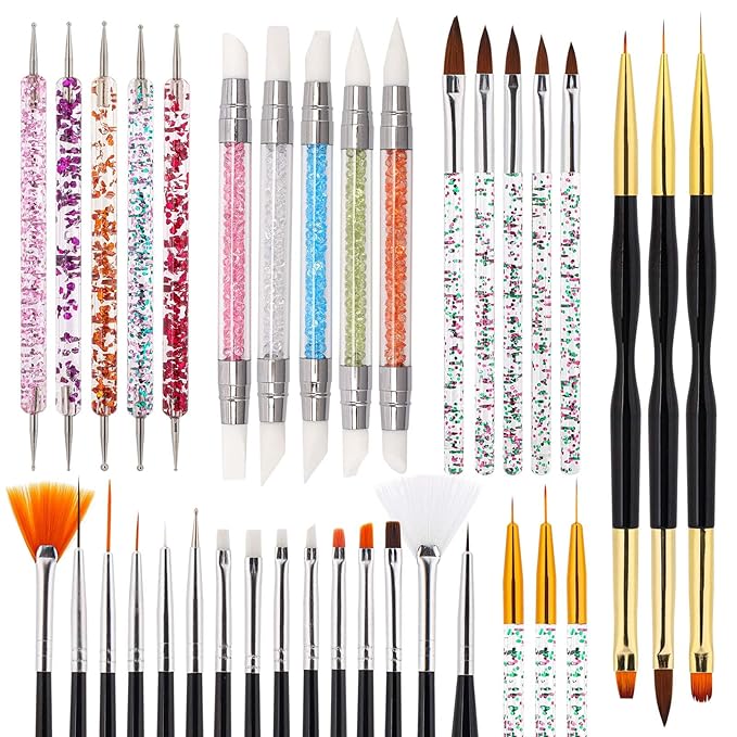 36 Pcs Nail Art Brush Set - Fine Liner, Striping, Dotting, Silicone Tools, 3D Gel Pen, Acrylic Design Brushes