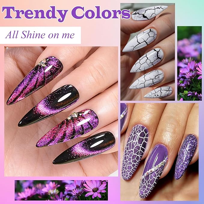 12PCS Crackle Gel Nail Polish + 9D Cat Eye Gel Polish Set Magic Black Crackle Nail Polish Magnetic Cat Eye Effect Manicure DIY Nail Art 10 Colors