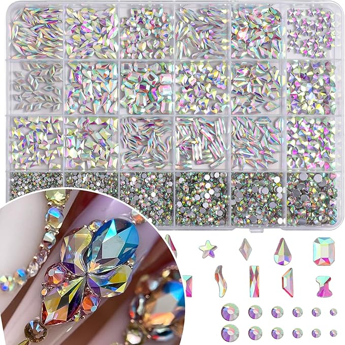 AB-Colors Flatback Nail Art Rhinestones Kit, Mix Crystal AB-Color Flatback Rhinestones Crystals Diamonds, Multi Shapes Glass Crystals Diamonds for Nail Art Design Crafts Clothes Shoes Jewelry