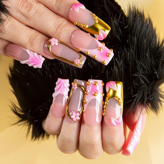 LOVFUL Short French Tip Press on Nails Rosy Charm | Handmade Acrylic Press ons| Reusable Fake False Nails | Square Classic Regular 1.3in | H692-S