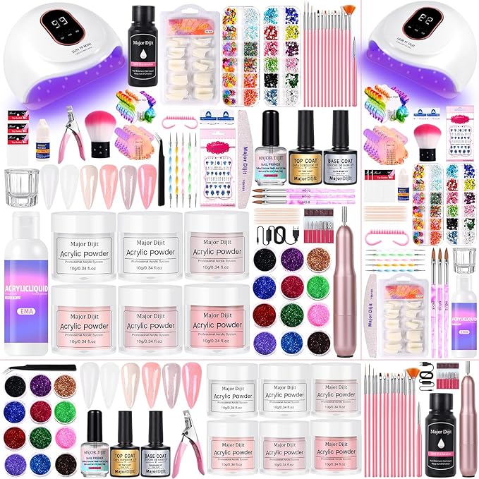 Acrylic Nail Kit Set for Beginners with Everything Acrylic Powder Nail Drill Lamp Starter Kit with False Nail Tips Nail Art Decoration Tools for Home Salon Gifts