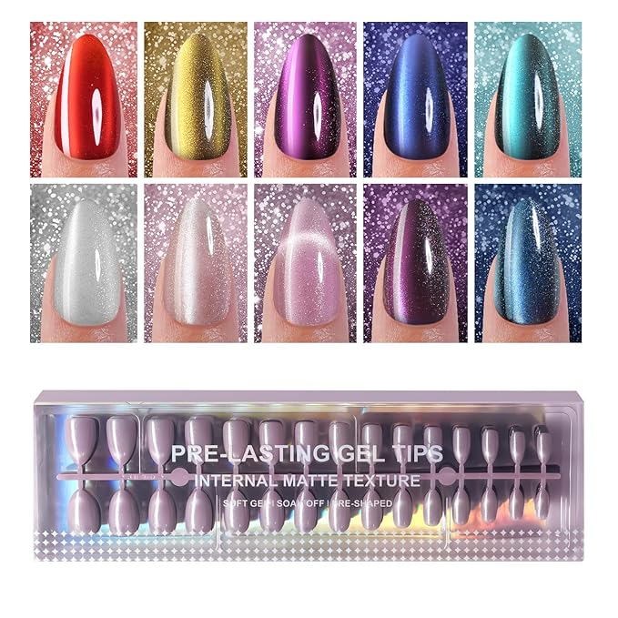 300Pcs Cat Eye Press on Nails Medium Almond, Plauva Soft Gel Fake Nails, Glossy Glitter Cat Eye Nail Tips for Women and Girls Stick On Nails in 15 Sizes