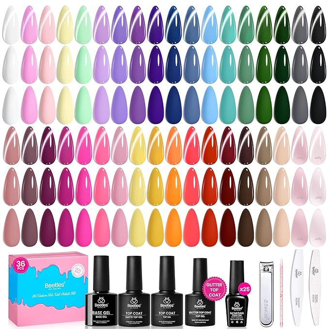 Beetles Deal Box 36 Colors Gel Nail Polish Set, 44 Pcs HEMA-Free TPO-Free Soak Off UV Gel Nail Kit Glitter with Base Coat, Glossy Matte Cat Eye Top Coat and Nail Tools for DIY Manicure Gift for Women