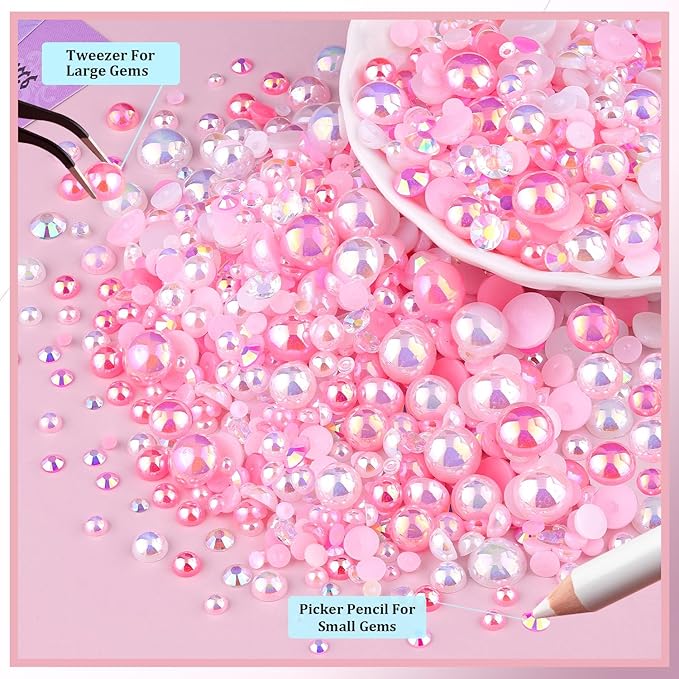 14000Pcs Flatback Pearls and Rhinestones for Crafting, Pink White Mixed Size 3-8mm Resin Rhinestones and Half Pearls for Bedazzling, Nail Art and Decoration with 3pcs B7000 Jewelry Glue