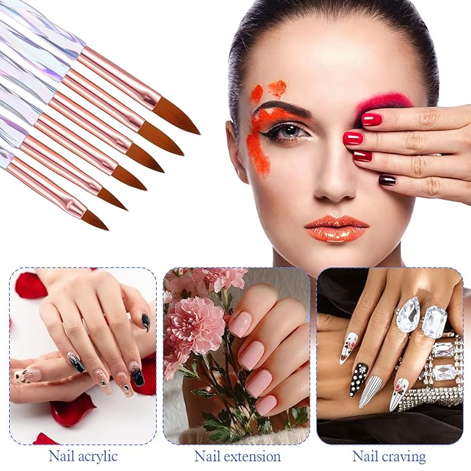 Acrylic Nail Brush Set 6 Size 4, 6, 8, 10, 12, 14 Professional Manicure Brushes for Acrylic Powder Application, 3D Extension & Carving Kolinsky Nail Art Brushes for DIY Home Salon Tools