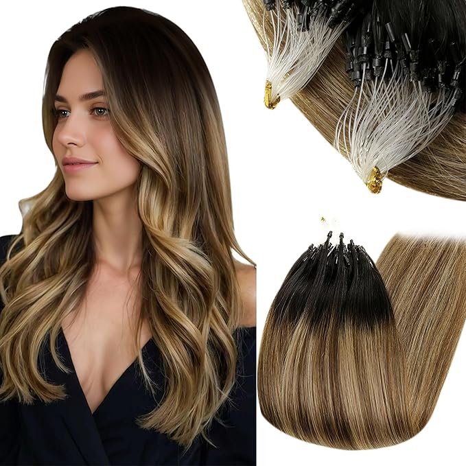 RUNATURE 24 Inch Micro Link Hair Extensions Human Hair Balayage Micro Bead Hair Extensions Real Human Hair Black Ombre to Brown with Honey Blonde Microlink Hair Extension Long Remy Hair 50s 50g