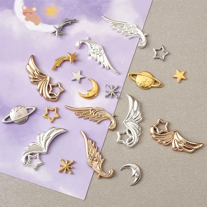Pandahall 120Pcs Zinc Alloy Cabochons Charms Enamel Settings Mixed Shapes Wing Star Moon Asterism Links Cobochons for DIY UV Resin Epoxy Resin Filling