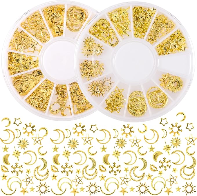 2 Disc Star Nail Art Charms, 3D Alloy Nail Art Decals, Star Moon Handmade Supplies for Women DIY Craft Jewelry Manicure Embellishments- Gold