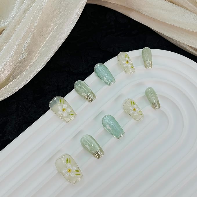 3D Handmade Gold Cat Eye Press On Nails Short Square,10pcs homemade Acylic Nails Press ons Reusable UV Gel False Nails with Fake Nails Stick on Salon Design for Women Gift (002,S)
