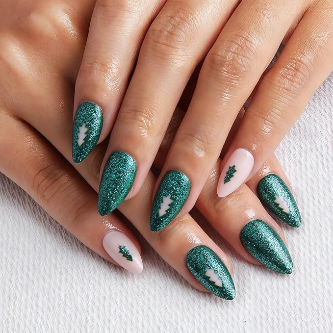 30pcs Shining Green Short Almond Press On Nails with Tree and French Tips for Themed Costumes, Reusable Nail Kit with Nail Adhesive Tabs Mini Nail File, 15 Sizes (Green)