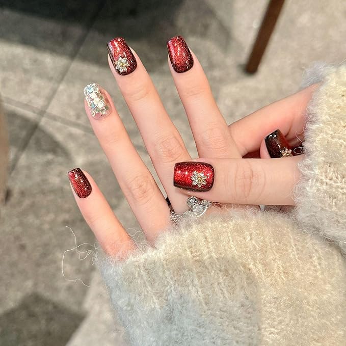 Short Square Press on Nails - Handmade Manicure Art Reusable False Nails 10pcs with Solid Nail Glue, Nail Adhesive Tabs, Strong Nail Glue (2701-Large)