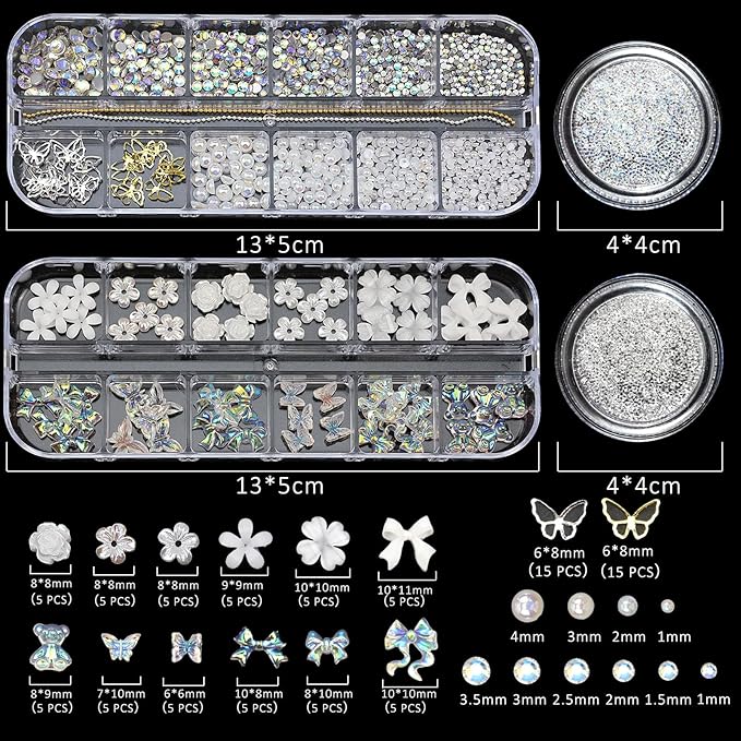 Flatback Nail Art Pearls Flower Bow Butterfly Nail Charms with Rhinestones Gold Silver Colorful Pearls Rhinestones Gems for Women Acrylic Manicure Decorations Supplies