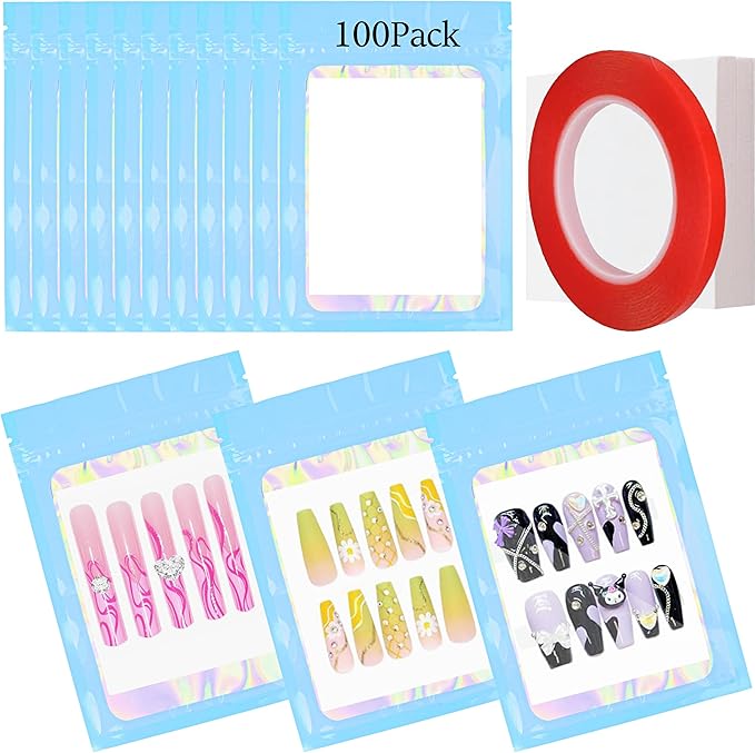 100PCS Empty Solid Blue Holographic Nail Storage Bag Press on Nail Packaging Bag and 100PCS Shiny white cardboard Nail Tips Packaging Bags with 1 Roll Transparent Tape