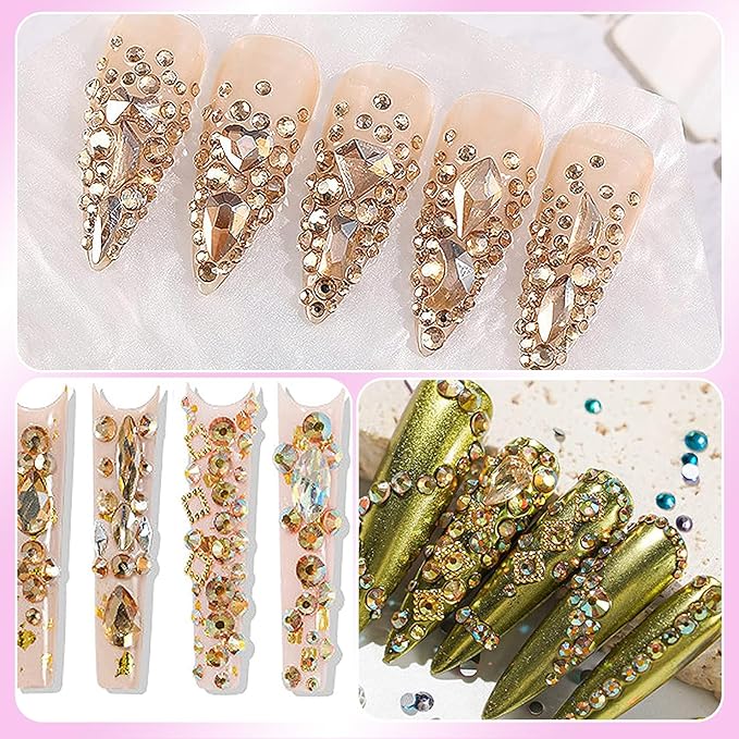 Champagne Gold Nail Art Rhinestones Kit Multi Shapes Crystal Flatback Nail Gems Half Round Rhinestones for Nails, Gold Gems Crystals Glass Rhinestone for Nails Art DIY Supplies Craft