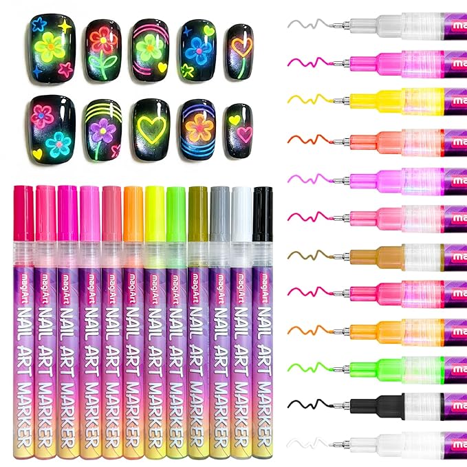 Fluorescent Nail Art Pens, 12 Color 0.5 MM Glow In The Dark Neon Nail Polish Pens Set Drawing Point Painting Liner Painted Pen Kit, Waterproof Nail for DIY Design Manicure Tools