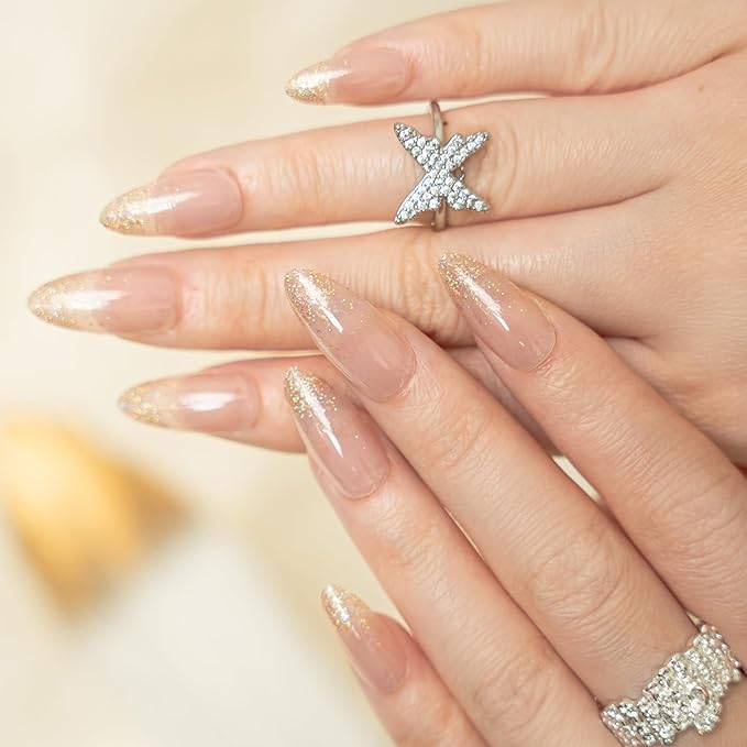 30Pcs Almond Press On Nails - Supremely Fit & Natural Soft Gel Almond Nails,15 Sizes, Reusable Fake Nails Kit with Gift Box for Women (Sparkle Nude)