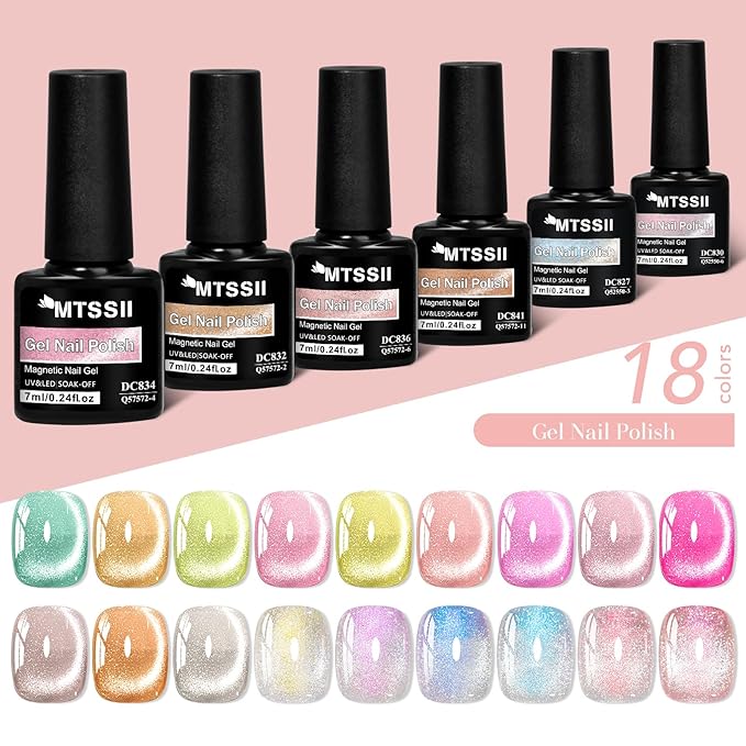 MTSSII 18PCS Cat Eye Gel Nail Polish Set with Magnet, Sea Spirit Magic Cateye Gel Polish Pink Green Blue Yellow Glitter Shinny Magnetic Nail Polish Soak Off LED Manicure Nail Art