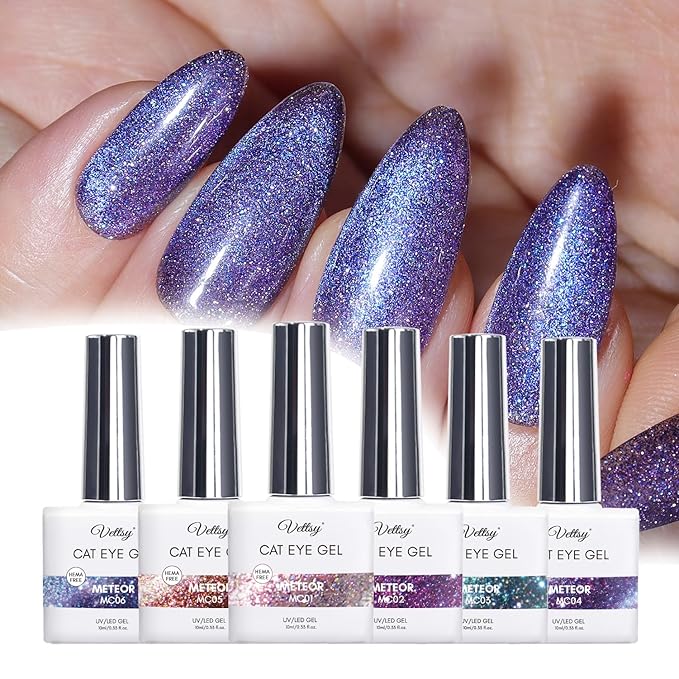 vettsy Magnetic Gel Nail Polish Set with Magnet, 6 Colors Cat Eyes Gel Polish Kit with Cat Eyes Effect for DIY Nail Art Manicure at Home (Meteor)
