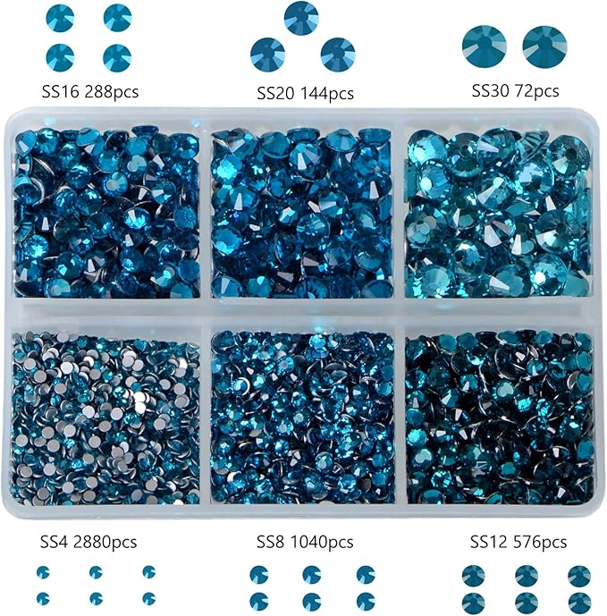 Bymitel 5000 Pieces 6 Mixed Sizes Glue Fix on Glass Rhinestones Round Crystal Gems Flatback for DIY Jewelry Making with one Picking Pen (6-Sizes 5000PCS, Blue Zircon)