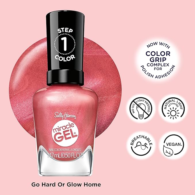 Sally Hansen Miracle Gel Supercharged Pinks Nail Polish | Salon Quality Gel-Like Formula, Two-Step System, No UV Light Needed, Long Lasting | 254 Go Hard or Glow Home | Rosey Pearl Nail Color