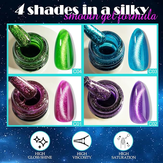 NXJ INFILILA Cat Eye Gel Nail Polish Set 4 Colors 15ML - Pink Purple Blue Green Magnetic Nail Polish, Sparkle Glitter Gel Polish Kit for LED/UV Lamp, Soak Off DIY Home Salon Manicure Gifts