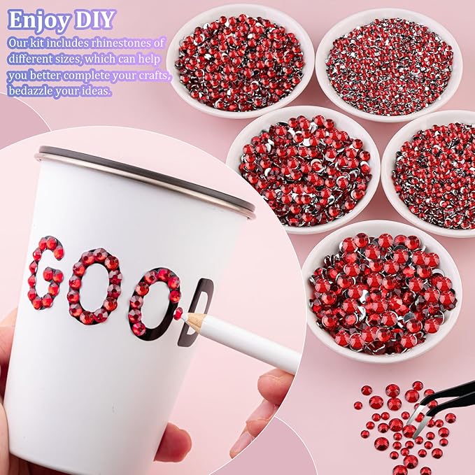 16000Pcs Resin Rhinestones with Tweezers for Crafting, Red 2-6mm Mixed Sizes Flatback Gems, Bedazzling Crystal for DIY Crafts Clothing Tumblers Mugs Shoes Fabric Nail Art
