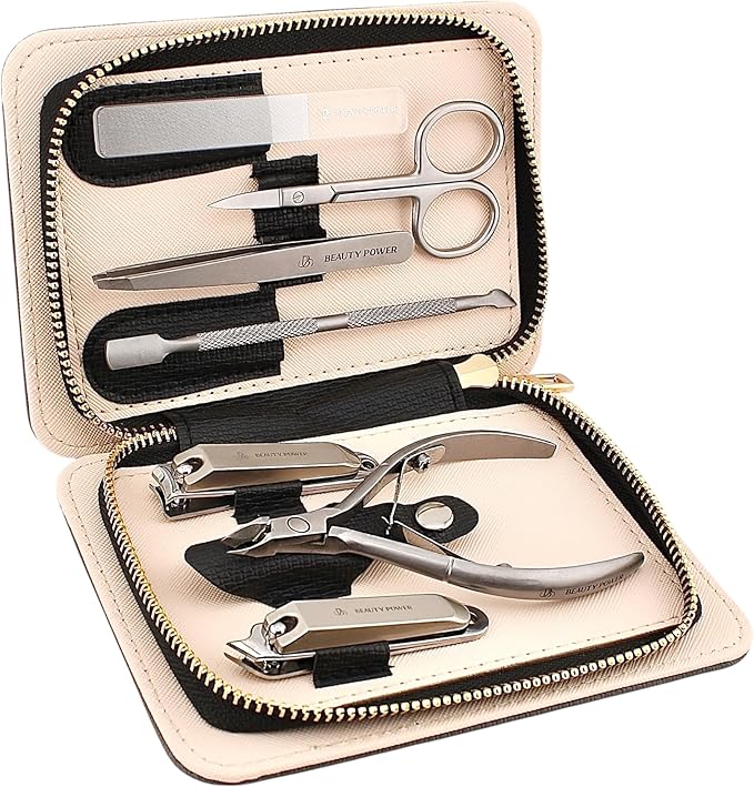 Manicure Pedicure Set 7-in-1 Stainless Steel, Ultra Sharp, Slanted Nail Clipper, Fingernail Clipper, Cuticle Nipper, Glass Nail File, Eyebrow Tweezers, Scissors, Case – Valentine's Gift