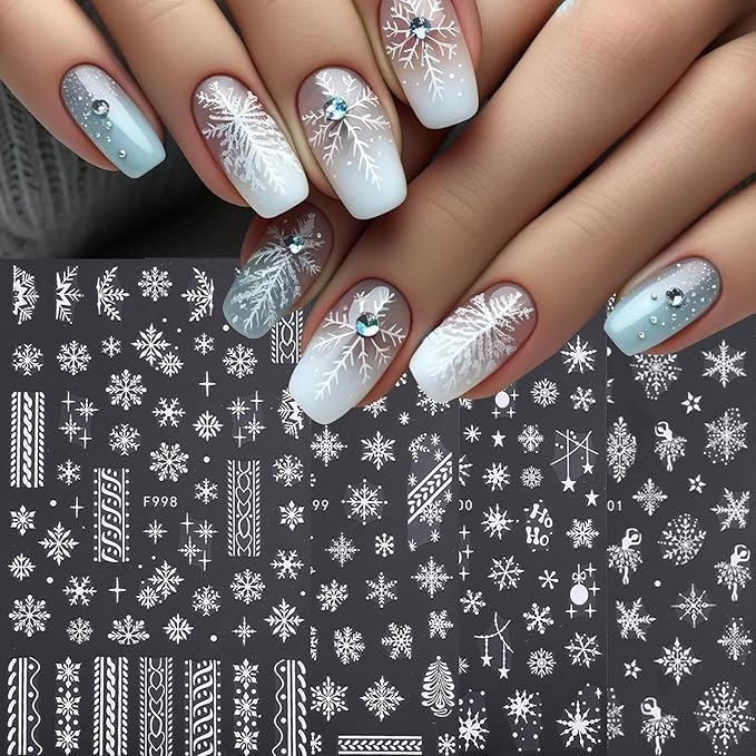 White Snowflake Nail Art Stickers 12PCS Christmas Winter Glitter Snowflakes Nail Decals with Tweezers 3D Charms Snow Flakes Stars Antlers Design Self-Adhesive Holiday Decoration Supplies for Women