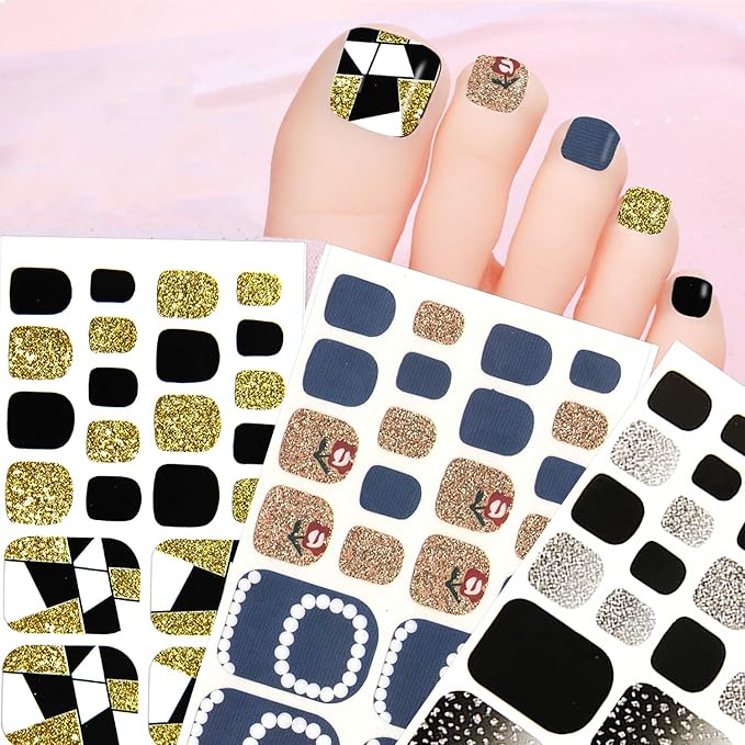 JERCLITY 440 Pieces 20 Sheets Toe Nail Stickers Full Nail Wraps Self-Adhesive Glitter Toenail Polish Strips Full Nail Stickers Nail Art Decals Strips with Nail File for Women Girls Kids（Cool Colors）