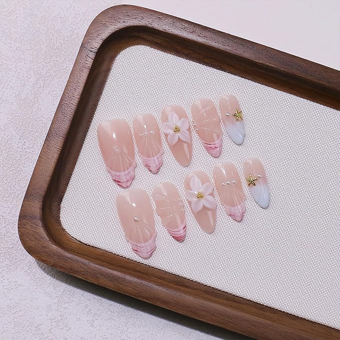 10 Pcs Handmade Thick Press on Nails with Glue, Luxury Almond False Nails 5D Flower Art Designs Handmade Nail Reusable Pink Acrylic Nails Muti-Layer Gel False Nails for Women(Size S)