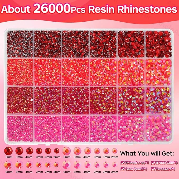 26000PCS Red Resin Flatback Rhinestones for Crafting, Resin Rhinestones for Bedazzling Kit, 2/3/4/5/6mm Flatback Gems Jewels for DIY Mugs Tumblers Clothing Shoes Nail Art