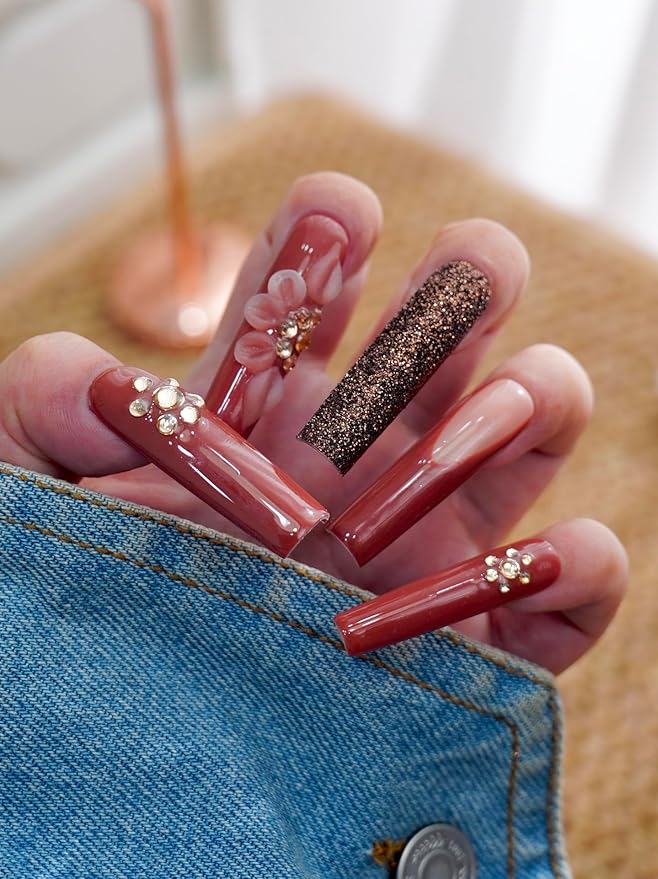 Euphrosyne Press On Nails Long Coffin – 3D Flower & Glitter Burgundy Fake Nails with Rhinestones, Reusable Handmade Luxury Acrylic Nails for Women, Glam Party Nail Tips