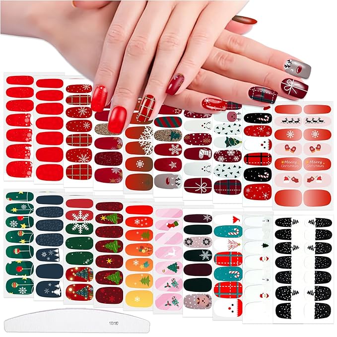 WOKOTO 20 Sheets Christmas Nail Stickers Stick On Nail Polish Strips For Christmas Day Winter Nail Art Polish Stickers Christmas Gel Nail Wraps Christmas Father Deer Tree Gel Nail Strips Stickers