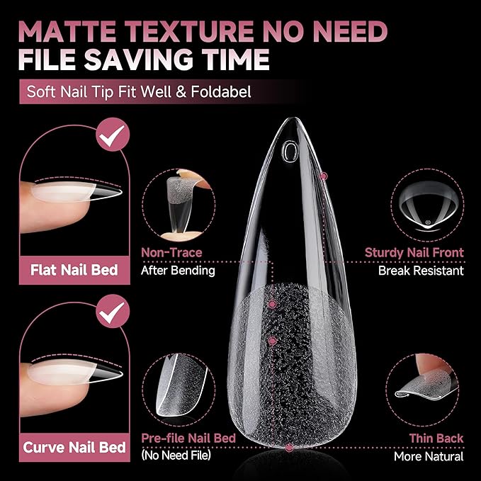 UNA GELLA Stiletto Gel Nail Tips Long: Full Cover 312pcs Half Matte Stiletto Gel Tips Press On Nails for Faster Gelly Nail Extension, Clear False Fake Acrylic Nails 12 Sizes for Her