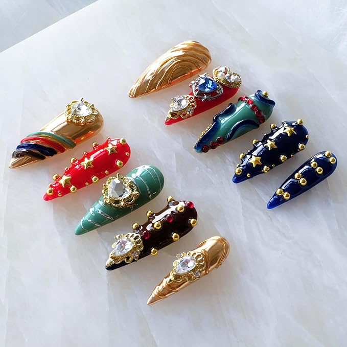 Luxury Handmade Press On Nails, Vintage Bohemian Style, Long Stiletto Shape, Crystal Heart Gems, Gold Stars Design, 10 Pieces (Small, LS)