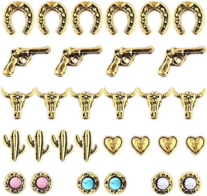 30 PCS Western Nail Charms - Retro Metal Cowboy Cowgirl Turquoise Nail Charms Western Stickers Decals Gems Decor, Vintage Turquoise Jewelry for DIY Crafts Art Accessories