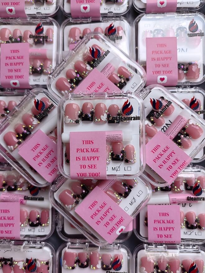 Handmade Press on Nails Short for Women Nude Base White and Black French Tip Nails Press Ons Cute Square Nail 10pcs M Size Pattern 1101