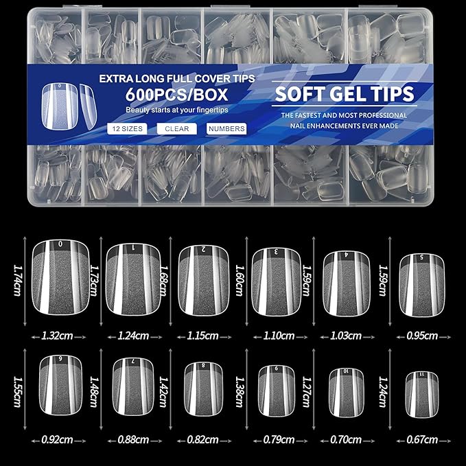 AddFavor 600pcs Short Square Nail Tips, Soft Gel Nail Tips x Clear Fake Nails Full Cover Acrylic Nails Tips for Extension Nail Manicure Salon Home DIY
